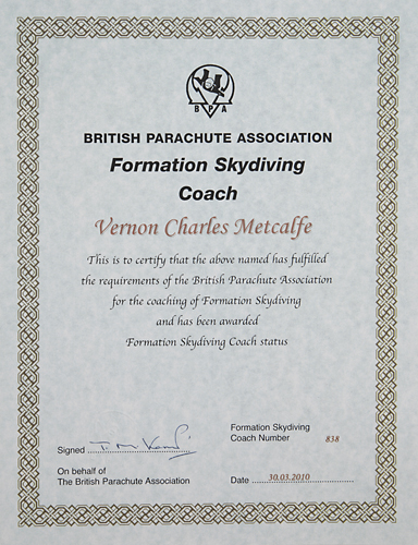 VCM BPA Formation Skydiving Coach Certificate award