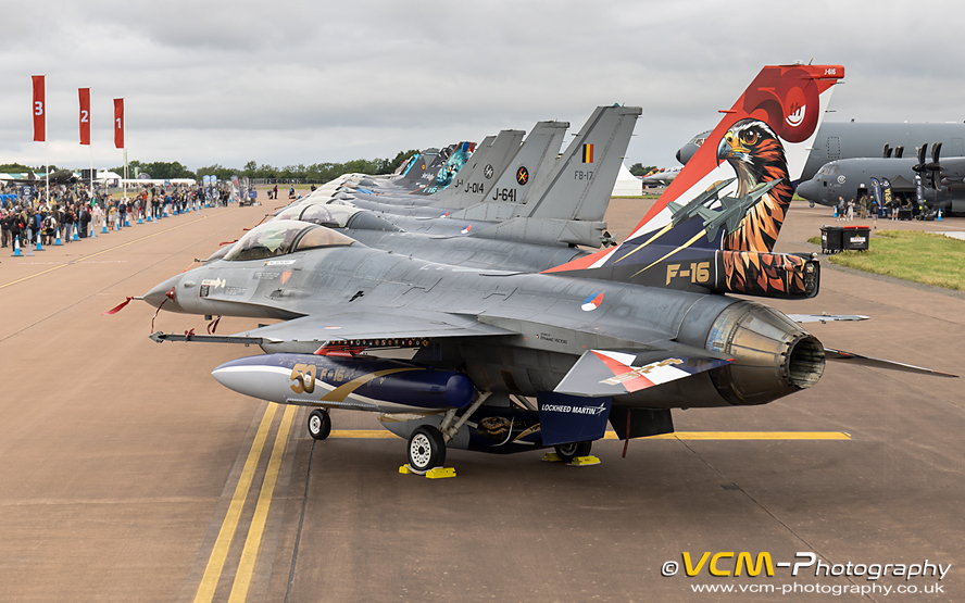 Static lineup of F-16s at RIAT 2024